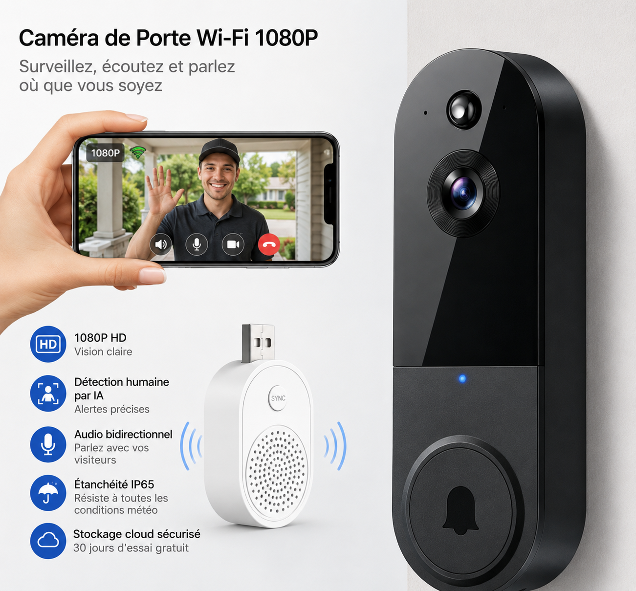 Caméra Connectée pour Porte d’Entrée 1080P
