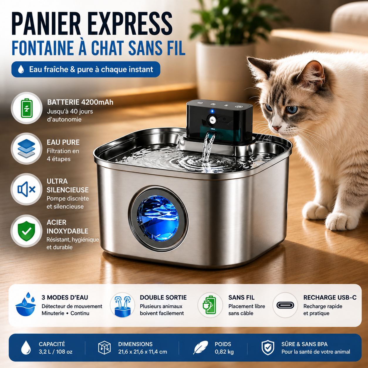 Panier Express - Fontaine à Chat Sans Fil 3 Modes & Eau Fraîche