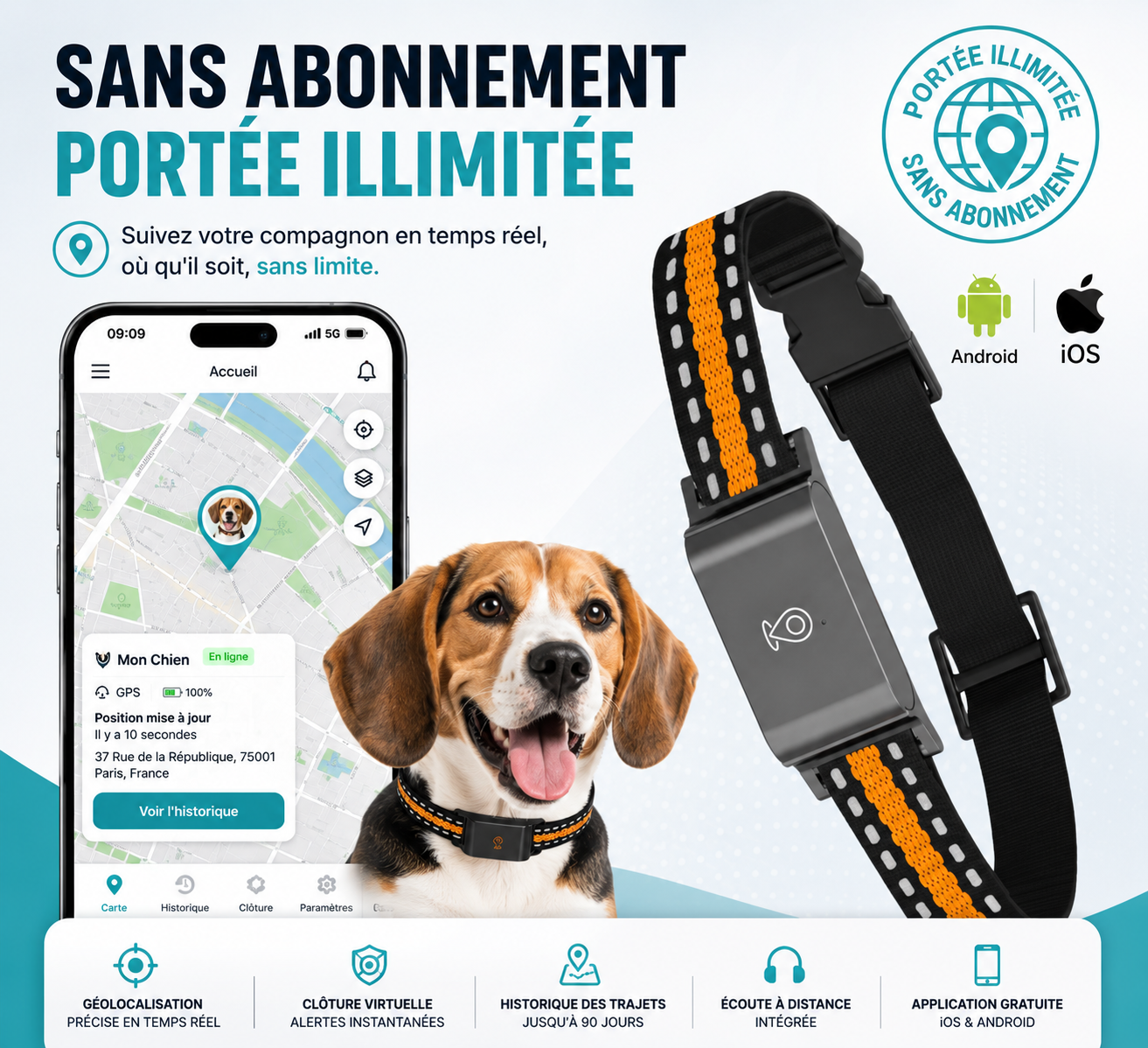 Collier GPS Intelligent pour Chien Sans Abonnement