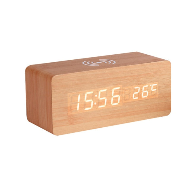 Réveil LED Bois avec Chargeur Sans Fil